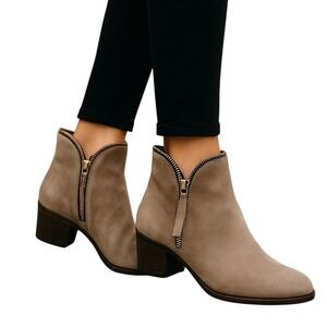 Taupe Suede Ankle Boots with Gold Zipper Casual‎ Fashion Booties Size 7.5